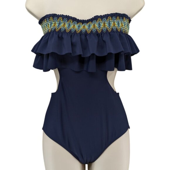 Aerie Off Shoulder Swimsuit Womens Navy Blue One Piece Cutout Ruffle Size S - Picture 1 of 11